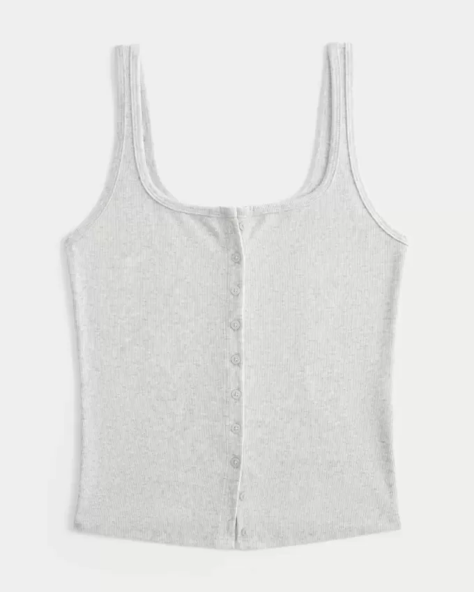 Ribbed Button-Through Square-Neck Tank