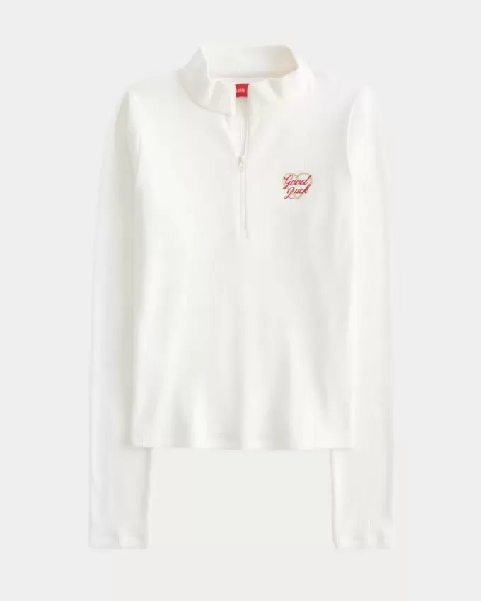 Ribbed Lunar New Year Graphic Half-Zip Top