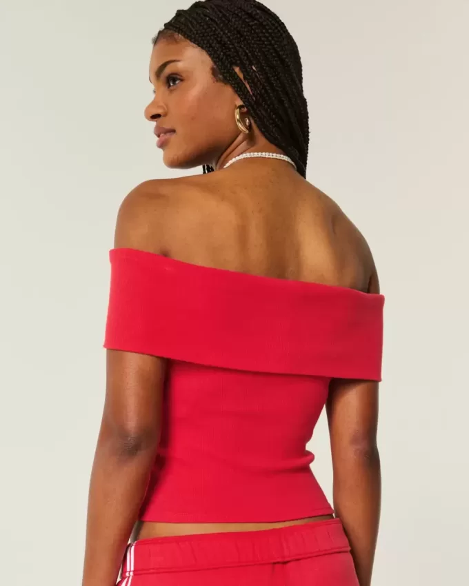 Ribbed Off-the-Shoulder Foldover Top