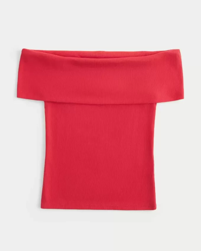 Ribbed Off-the-Shoulder Foldover Top