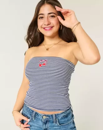 Ribbed Strapless Embroidered Cherry Tube Top