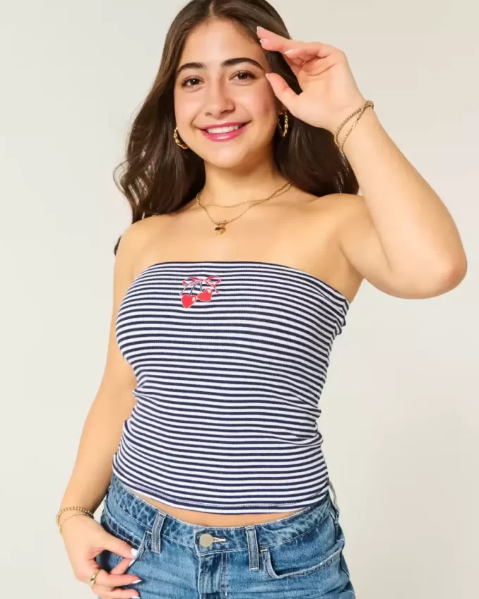 Ribbed Strapless Embroidered Cherry Tube Top