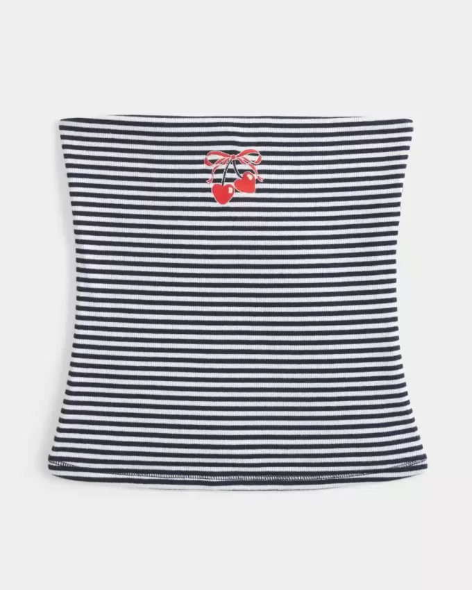 Ribbed Strapless Embroidered Cherry Tube Top