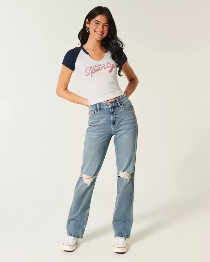 Ripped Medium Wash High-Rise Straight Jeans