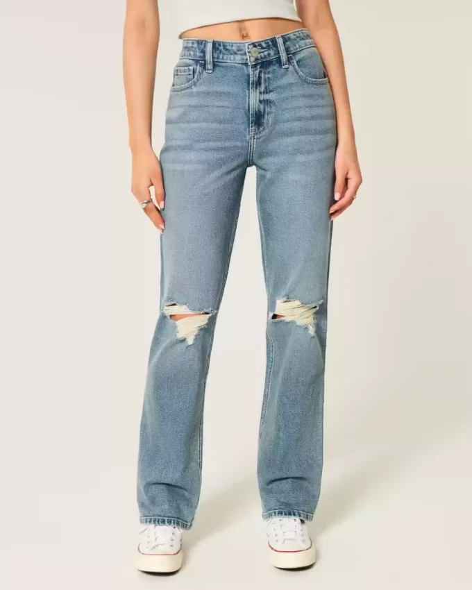 Ripped Medium Wash High-Rise Straight Jeans