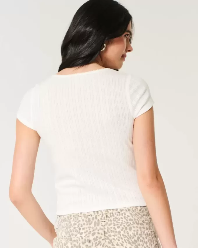 Short-Sleeve Button-Through Pointelle Top