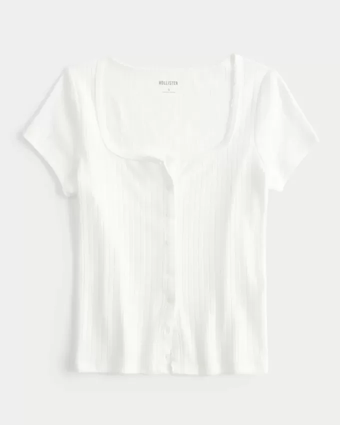 Short-Sleeve Button-Through Pointelle Top