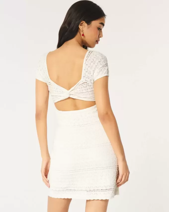 Short-Sleeve Crochet-Style Twist Back Mini Dress
