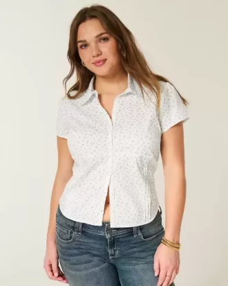 Short-Sleeve Stretch Poplin Button-Through Shirt