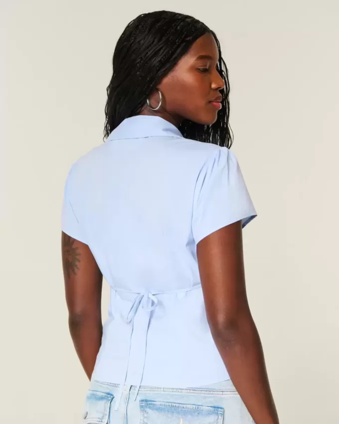 Short-Sleeve Stretch Poplin Button-Through Shirt