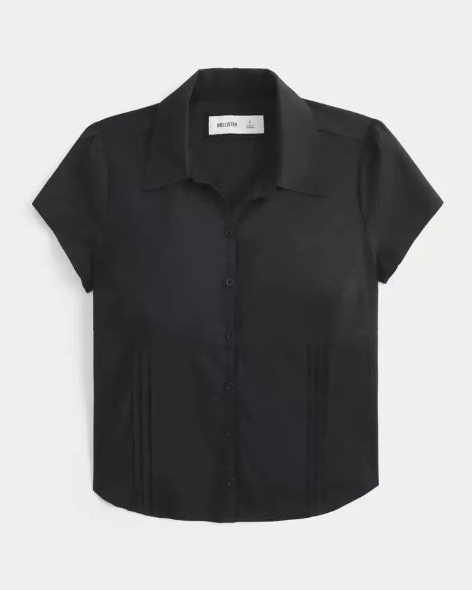 Short-Sleeve Stretch Poplin Button-Through Shirt