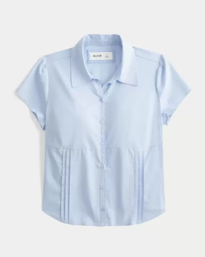 Short-Sleeve Stretch Poplin Button-Through Shirt