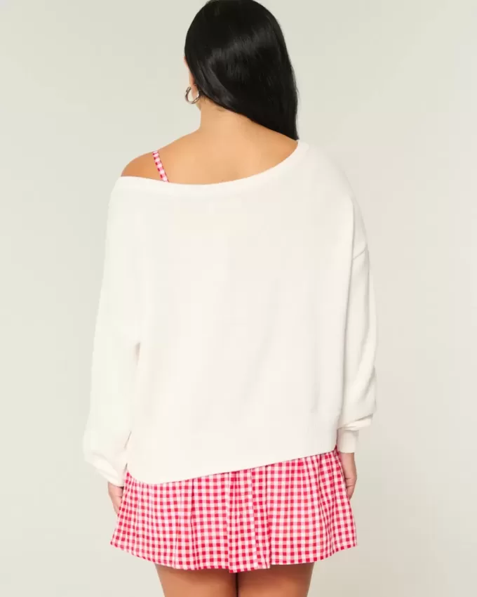 Slouchy Off-the-Shoulder Flag Heart Graphic Sweater