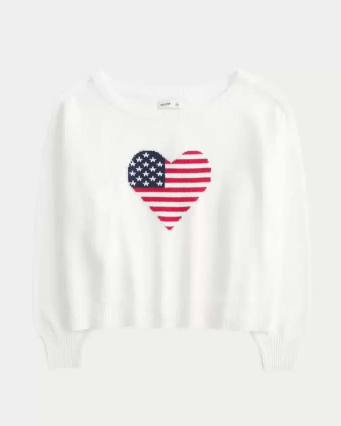 Slouchy Off-the-Shoulder Flag Heart Graphic Sweater