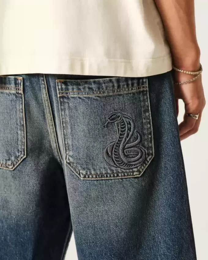 Snake Graphic Baggy Denim Shorts