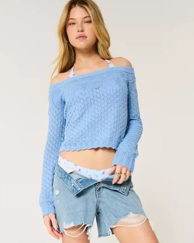 Stitchy Crochet-Style Off-the-Shoulder Sweater