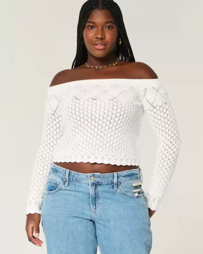 Stitchy Crochet-Style Off-the-Shoulder Sweater