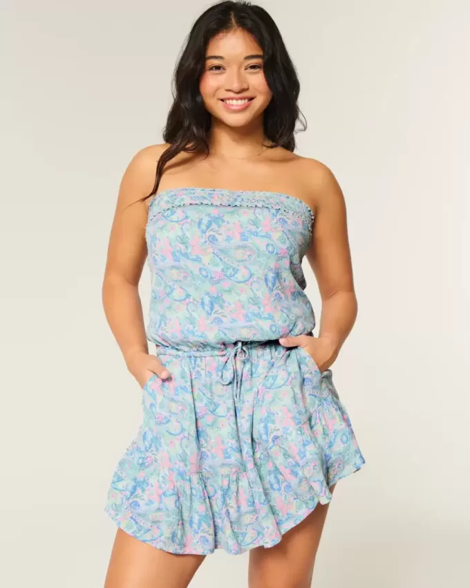 Strapless Drawstring Blouson Mini Dress