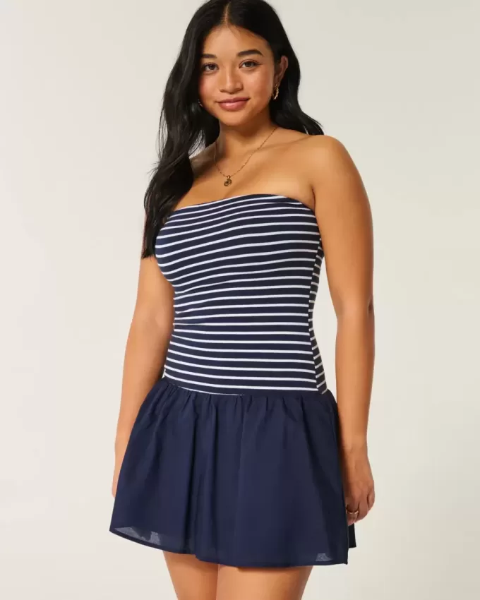 Strapless Drop-Waist Knit-Woven Mini Dress