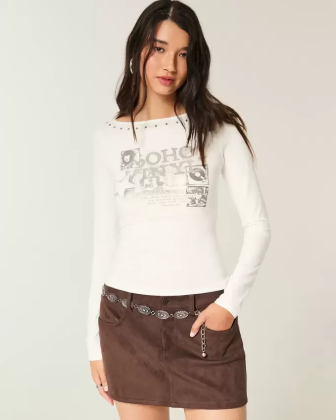 Studded SoHo Graphic Slash-Neck Top