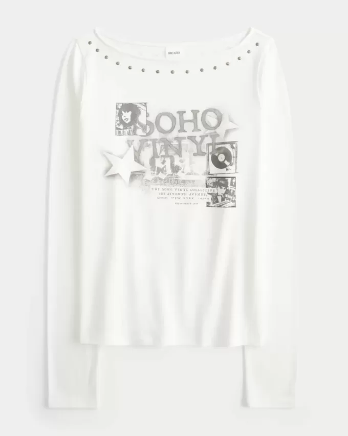 Studded SoHo Graphic Slash-Neck Top