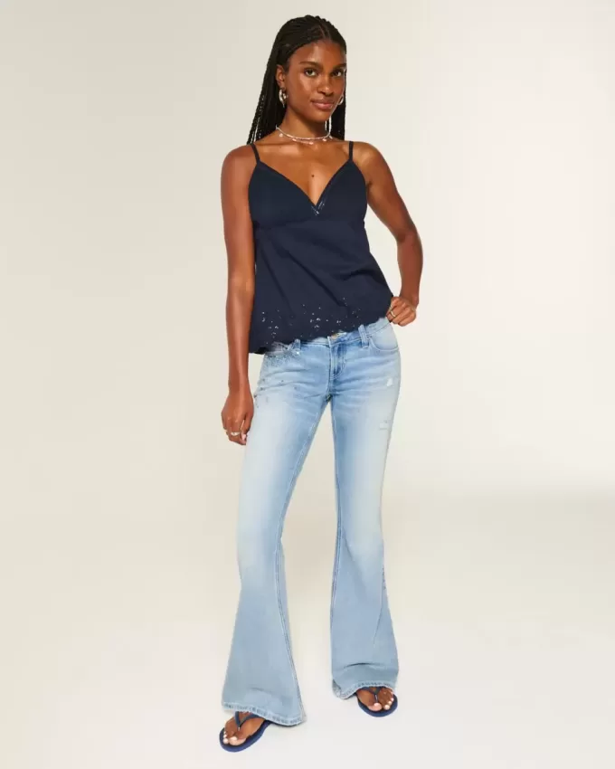 Ultra Low-Rise Distressed Light Wash Sequin Flare Jeans