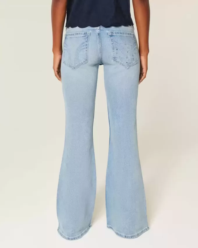 Ultra Low-Rise Distressed Light Wash Sequin Flare Jeans