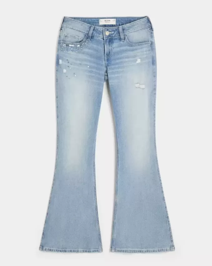 Ultra Low-Rise Distressed Light Wash Sequin Flare Jeans