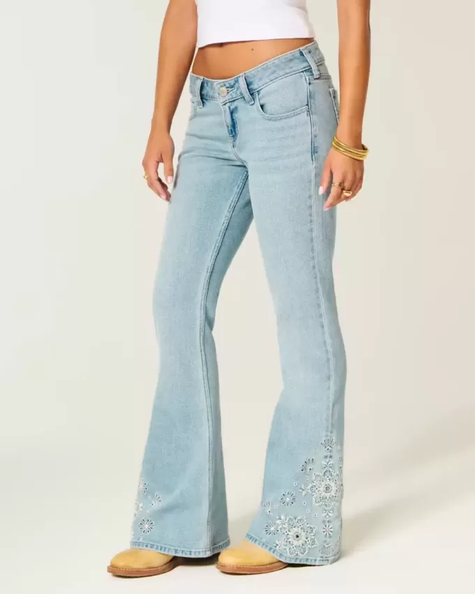 Ultra Low-Rise Light Wash Floral Embroidery Flare Jeans