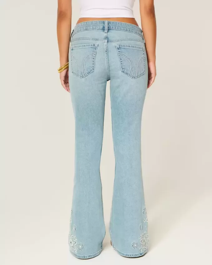 Ultra Low-Rise Light Wash Floral Embroidery Flare Jeans