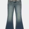 Ultra Low-Rise Medium Wash Embroidered Flare Jeans