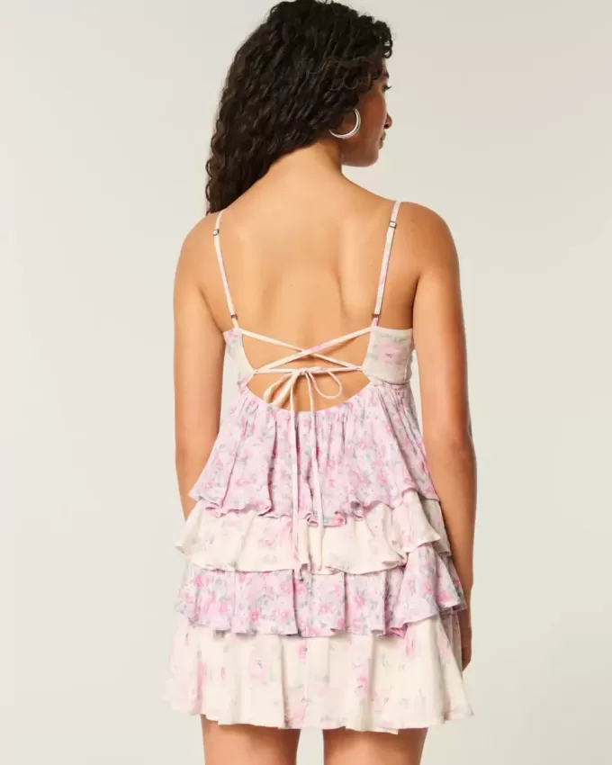 V-Neck Ruffled Tier Babydoll Mini Dress