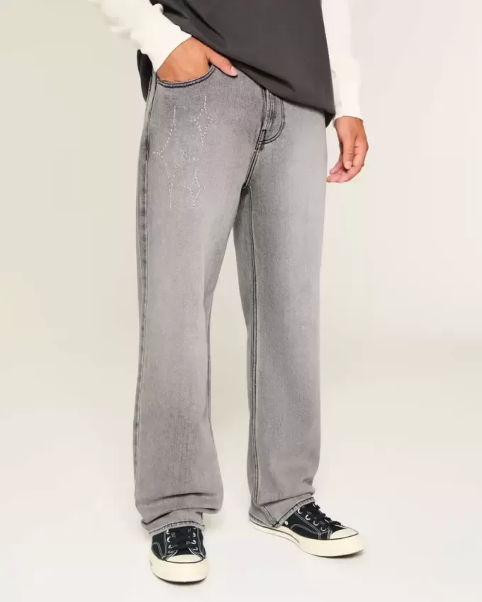 Washed Black Embellished Graphic Baggy Jeans