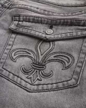 Washed Black Embroidered Baggy Bootcut Jeans