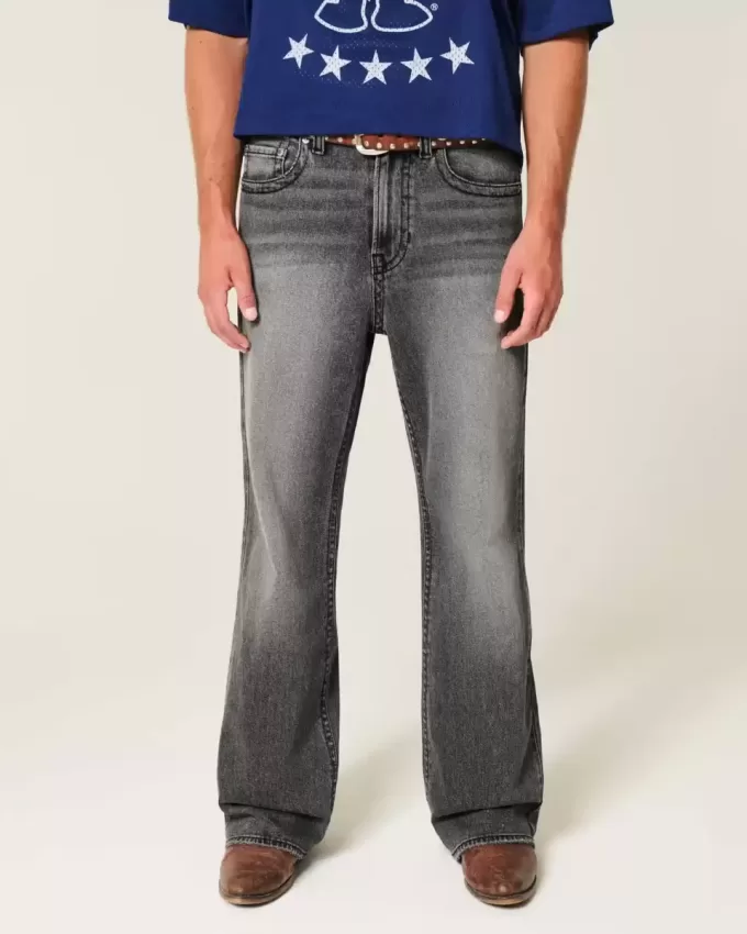 Washed Black Embroidered Baggy Bootcut Jeans