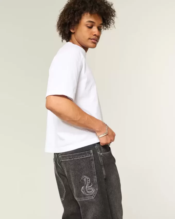 Washed Black Embroidered Snake Skater Baggy Jeans