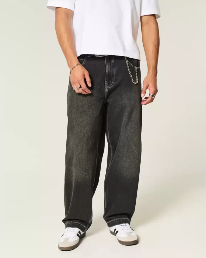 Washed Black Embroidered Snake Skater Baggy Jeans