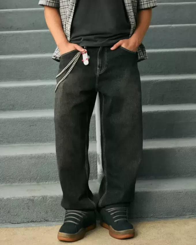 Washed Black Embroidered Snake Skater Baggy Jeans